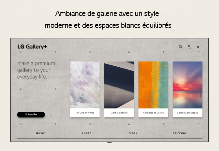 LG Gallery+ présente une interface utilisateur (UI) d'accueil visuellement attrayante avec des collections d'art sélectionnées.