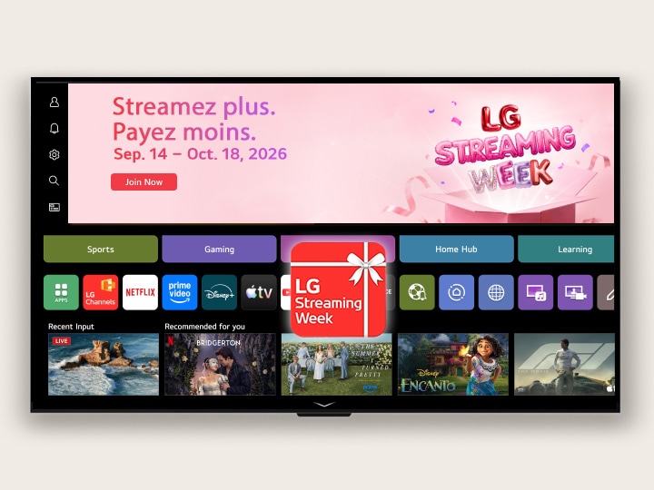 Interface utilisateur webOS Home affichant une bannière et une icône d'application LG Streaming Week, avec des applications de streaming et du contenu recommandé affichés à l'écran.