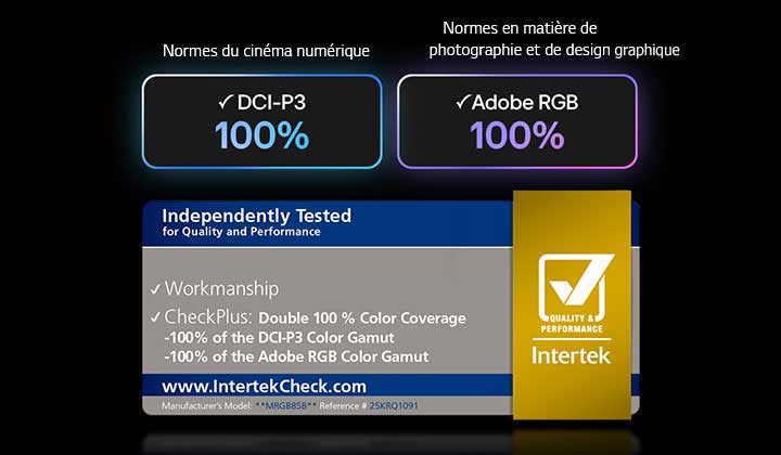 Le LG Mini RGB evo AI MRGB86, doté de RGB Primary Color Pro, offre une couverture couleur à 100 % du DCI-P3 et de l’Adobe RGB, certifiés par Intertek.