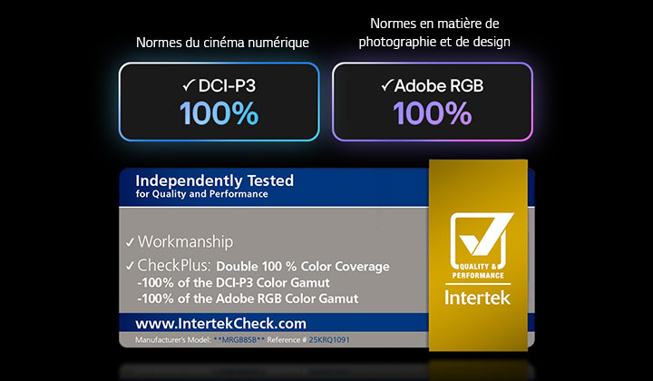 Le LG Mini RGB evo AI MRGB85, doté de RGB Primary Color Pro, offre une couverture couleur à 100 % du DCI-P3 et de l’Adobe RGB, certifiés par Intertek.