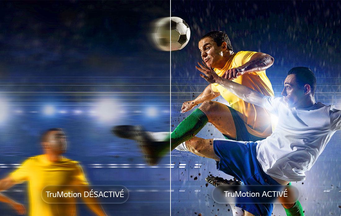 LG Mini RGB evo AI MRGB88 avec TruMotion met en valeur le lissage des mouvements dans une scène de football à écran partagé, contrastant une action floue avec TruMotion Off et un mouvement net et clair avec TruMotion On pour mettre en valeur la clarté dans les sports à rythme rapide.