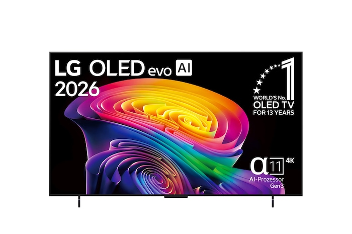 La vue avant de la LG OLED evo AI C6, lancée en 2026, présente un cadre noir fin, avec un tourbillon éclatant et sculpté de tons arc-en-ciel superposés circulant sur l’écran.