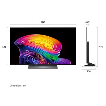 La vue avant de la LG OLED evo AI C6, lancée en 2026, affiche une image de formes multicolores superposées, avec un Noir parfait et une couleur parfaite, ainsi que le badge OLED TV n° 1 au monde pendant 13 ans.