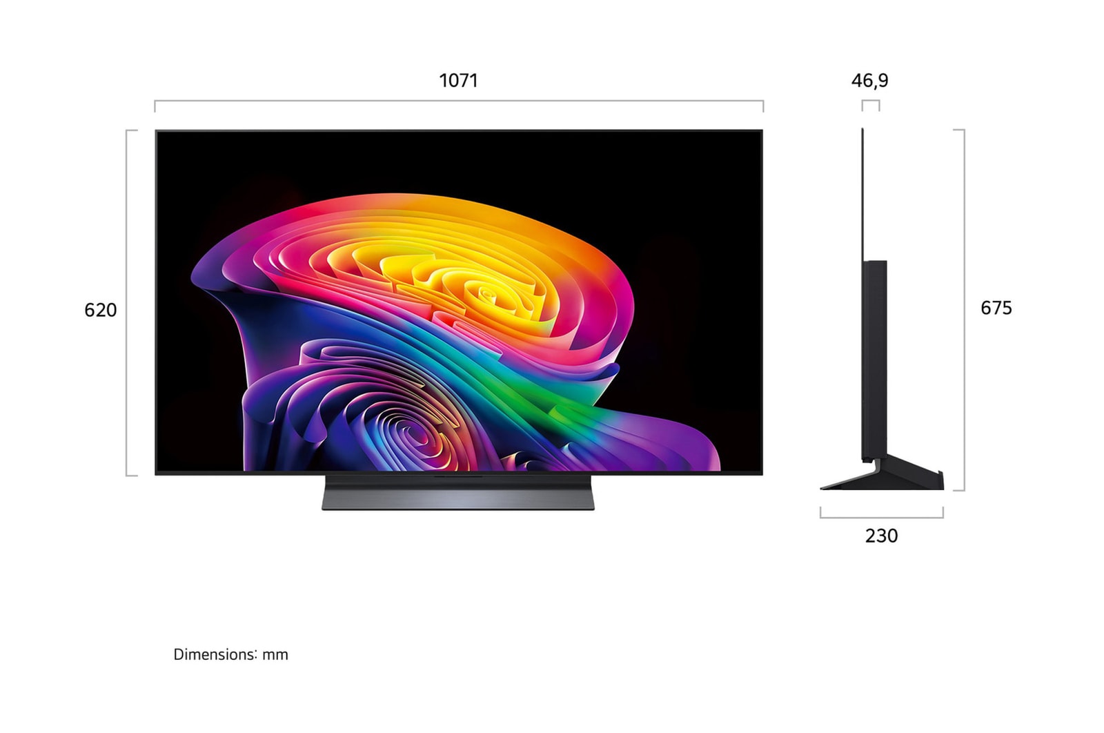 La vue avant de la LG OLED evo AI C6, lancée en 2026, affiche une image de formes multicolores superposées, avec un Noir parfait et une couleur parfaite, ainsi que le badge OLED TV n° 1 au monde pendant 13 ans.