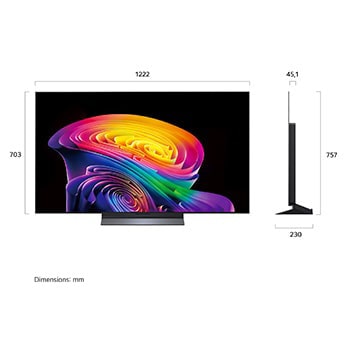 La LG OLED evo AI C6 présentée en vue avant et latérale met en valeur un écran de 55 pouces avec un écran de 1 222 mm de large, une hauteur globale de 703 mm et une profondeur ultra-fine de 45,1 mm sans support.