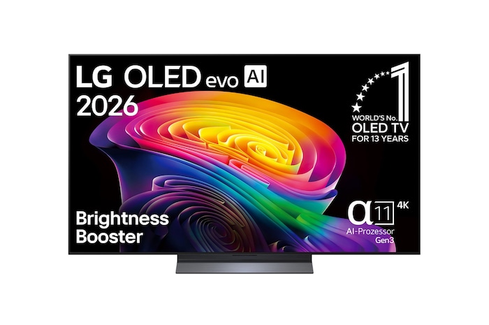 La vue avant de la LG OLED evo AI C6, lancée en 2026, affiche une image de formes multicolores superposées, avec un Noir parfait et une couleur parfaite, ainsi que le badge OLED TV n° 1 au monde pendant 13 ans.