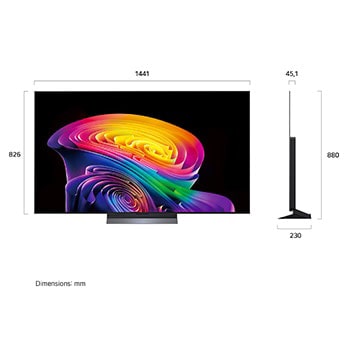 La LG OLED evo AI C6 présentée en vue avant et latérale met en valeur un écran de 65 pouces avec un écran de 1 441 mm de large, une hauteur globale de 826 mm et une profondeur ultra-fine de 45,1 mm sans pied.