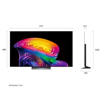 La LG OLED evo AI C6 présentée en vue avant et latérale met en valeur un écran de 77 pouces avec un écran de 1 711 mm de large, une hauteur globale de 982 mm et une profondeur ultra-fine de 47,1 mm sans pied.