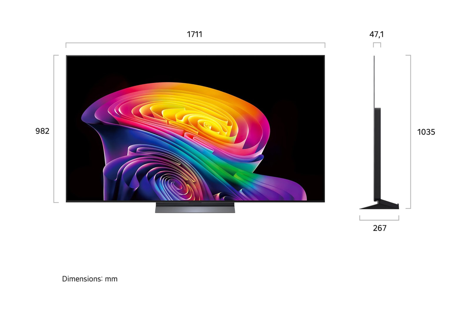 La LG OLED evo AI C6 présentée en vue avant et latérale met en valeur un écran de 77 pouces avec un écran de 1 711 mm de large, une hauteur globale de 982 mm et une profondeur ultra-fine de 47,1 mm sans pied.