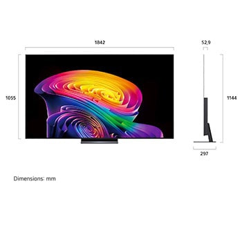 La LG OLED evo AI C6 présentée en vue avant et latérale met en valeur un écran de 83 pouces avec un écran de 1 842 mm de large, une hauteur globale de 1 055 mm et une profondeur ultra-fine de 52,9 mm sans pied.