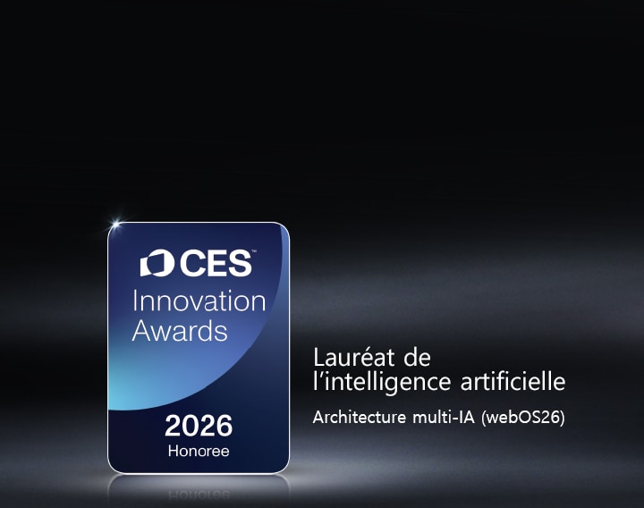 Le badge du lauréat des CES Innovation Awards 2026 est présenté sur un fond sombre. L’architecture multi-IA est reconnue dans la catégorie Intelligence artificielle.