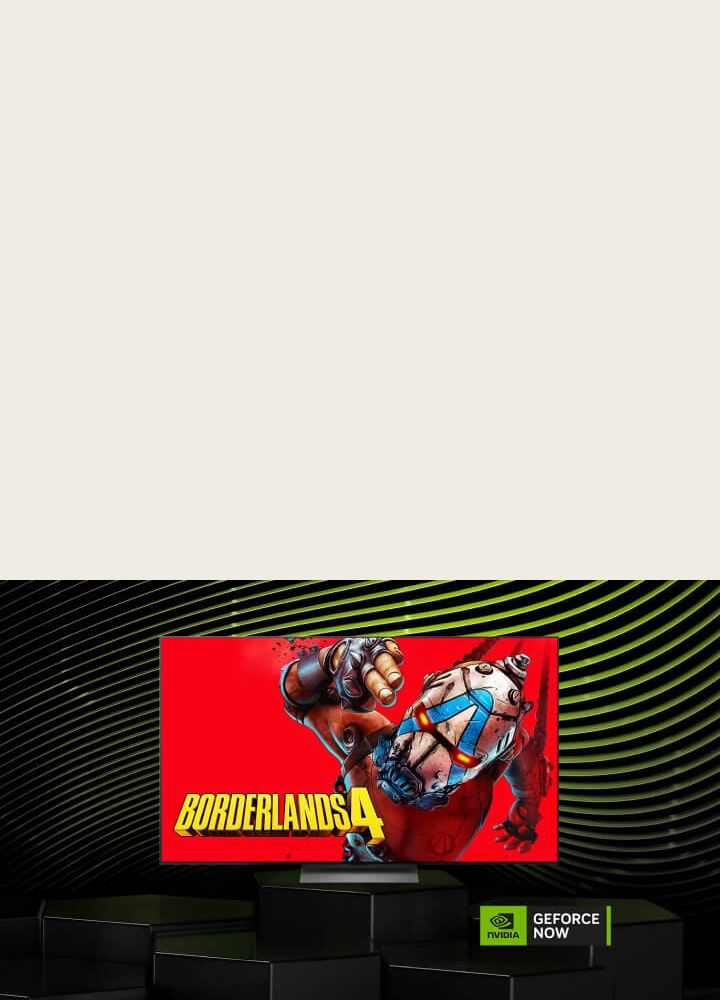 LG OLED evo AI G6 avec NVIDIA GeForce NOW affiche Borderlands 4 à l’écran avec un logo GeForce NOW, offrant un accès au Cloud Gaming dans l’interface TV.