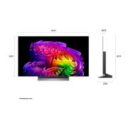 L’écran LG OLED evo AI G6 présenté en vue avant et latérale met en valeur un écran de 48 pouces avec un écran de 1 071 mm de large, une hauteur d’écran de 620 mm, une hauteur de 675 mm avec pied, une profondeur de 46,9 mm et un encombrement au sol de 470 x 230 mm.
