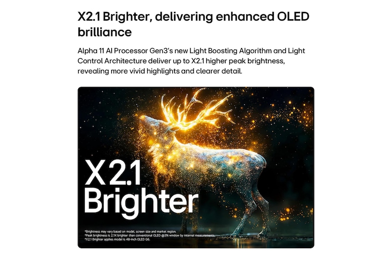 LG OLED evo AI G6 avec Brightness Booster Pro montre une scène sombre où une silhouette de cerf lumineuse se démarque au milieu de particules éclatantes, offrant une luminance 2,1 fois plus lumineuse avec des détails plus clairs.