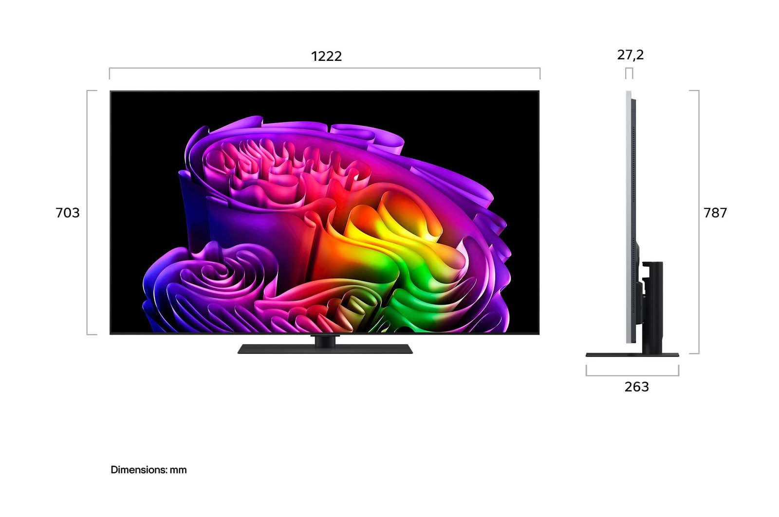 La LG OLED evo AI G6 présentée en vue avant et latérale met en valeur un écran de 55 pouces avec un écran de 1 222 mm de large, une hauteur d’écran de 703 mm, une hauteur de 787 mm avec pied, une profondeur de 27,2 mm et un encombrement au sol de 485 x 263 mm.