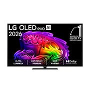 La vue avant de la LG OLED evo AI G6, lancée en 2026, présente un cadre fin noir, avec une image éclatante et sculpturale de formes multicolores richement superposées remplissant l’écran.
