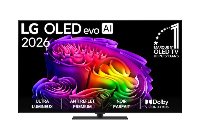 La vue avant de la LG OLED evo AI G6, lancée en 2026, présente un cadre fin noir, avec une image éclatante et sculpturale de formes multicolores richement superposées remplissant l’écran.