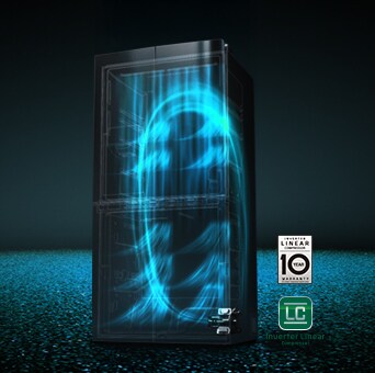 Diagrama de un refrigerador alto que muestra su tecnología de refrigeración. Un gráfico azul brillante ilustra el flujo de aire que circula en el interior, moviéndose de arriba hacia abajo.