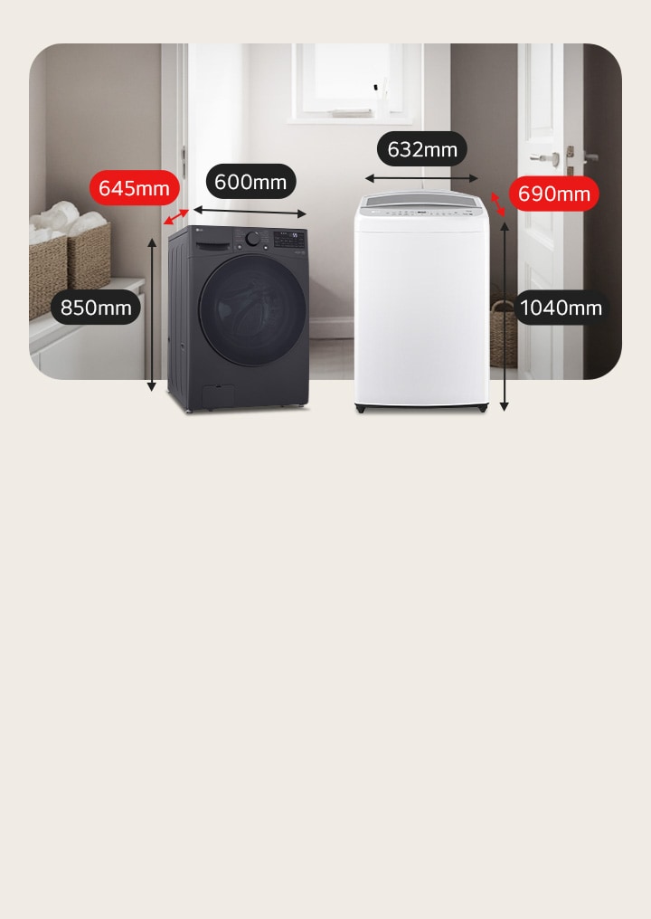 Lavadoras medianas de carga frontal y superior con etiquetas con las dimensiones