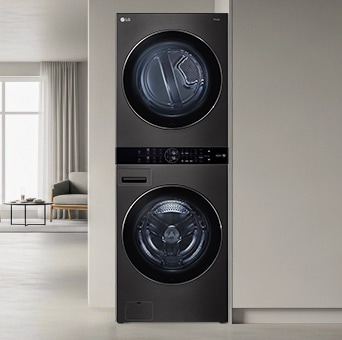 LG WashTower™ WK25BS6 con lavadora de 25 kg y secadora de 22 kg en un espacio compacto tipo clóset