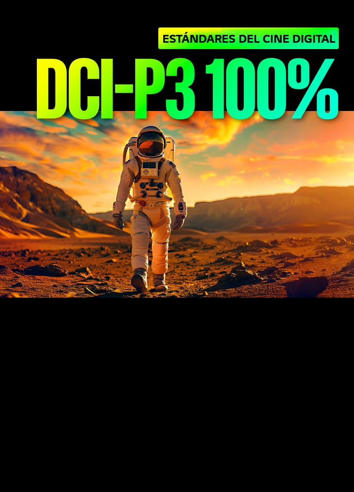 El TV LG Micro RGB evo, con triple cobertura de color certificada al 100%, alcanza los estándares de cine digital DCI-P3 al 100%, mostrando a un astronauta cruzando un desierto al atardecer para ofrecer imágenes HDR ricas y una expresión de color cinematográfica.