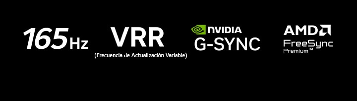 Los logotipos de 165 Hz, VRR (frecuencia de actualización variable), NVIDIA G-SYNC y AMD FreeSync Premium aparecen sobre un fondo oscuro.