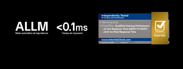 ALLM (modo Automático de Baja Latencia), un tiempo de respuesta inferior a 0,1 ms y el distintivo de certificación de Intertek aparecen sobre un fondo oscuro.