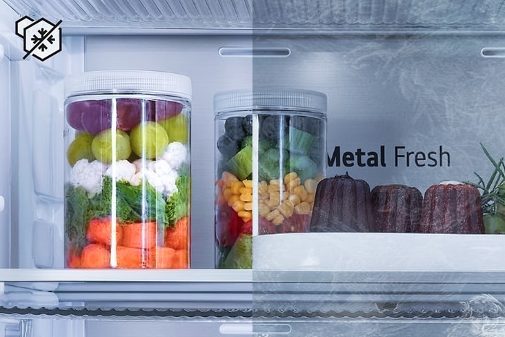 Vista dividida del interior del refrigerador LG que muestra el almacenamiento de alimentos frescos frente al almacenamiento propenso a la congelación, se destaca la tecnología Total No Frost para una conservación óptima de los alimentos.