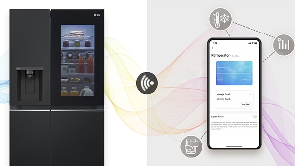 Refrigerador LG conectado a la app ThinQ permite monitorear temperatura, alimentos y rendimiento desde el teléfono.