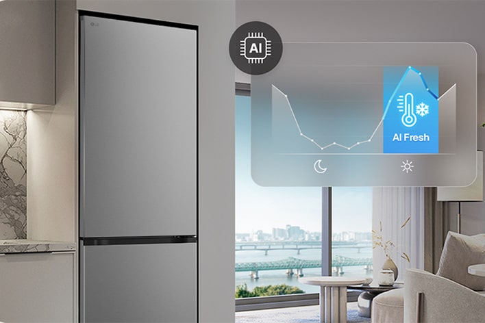 Refrigerador LG con AI Fresh optimiza la refrigeración diaria, manteniendo alimentos frescos a temperaturas ideales y eficiente.