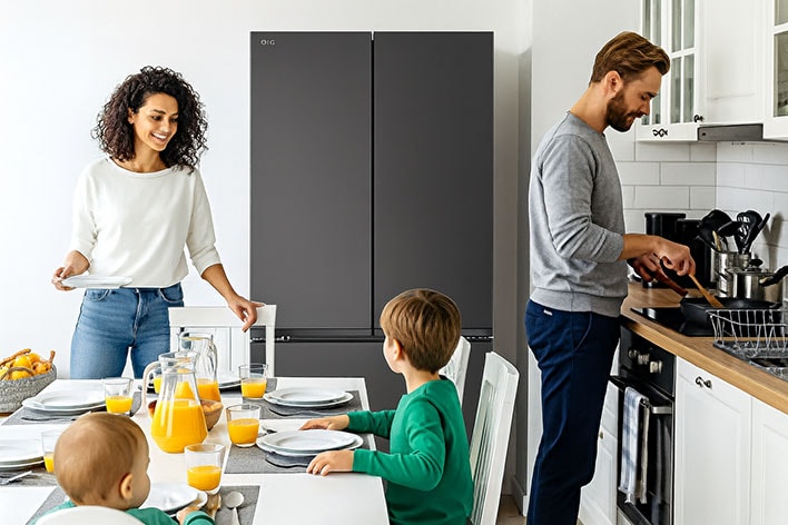 Familia disfruta desayuno frente a refrigerador LG de dos puertas y cajón inferior, con gran capacidad y eficiencia energética.