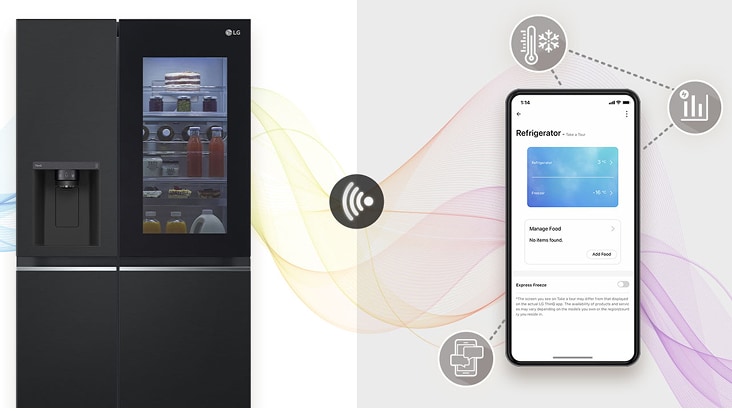 Panel ThinQ del refrigerador LG muestra 3 °C en refrigerador y -18 °C en congelador, con modos rápidos e inteligentes para control preciso.