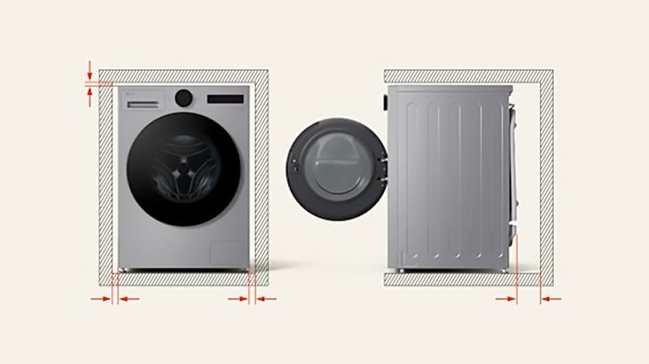 Lavadora LG vista de frente y de lado con la puerta abierta: destaca el espacio de instalación y dimensiones de separación.