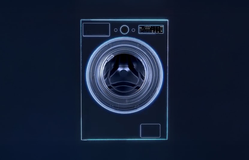 Lavadora de carga frontal LG con una ilustración brillante del tambor que resalta las partes internas sobre un fondo oscuro.