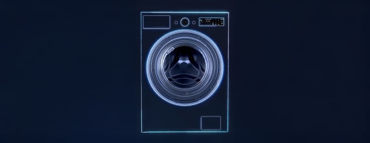 Lavadora de carga frontal LG con una ilustración brillante del tambor que resalta las partes internas sobre un fondo oscuro.