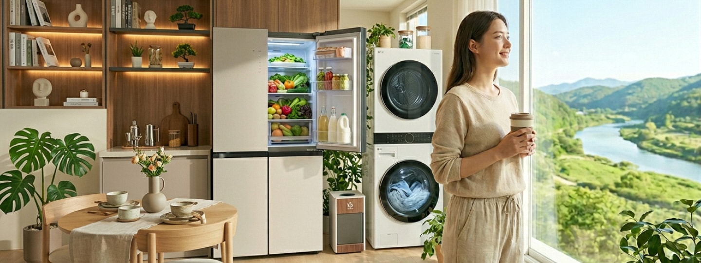 Refrigerador LG abierto con productos frescos en una cocina luminosa de madera, junto a una ventana, plantas y luz natural.