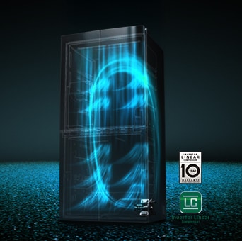 Diagrama de un refrigerador alto que muestra su tecnología de refrigeración. Un gráfico azul brillante ilustra el flujo de aire que circula en el interior, moviéndose de arriba hacia abajo.