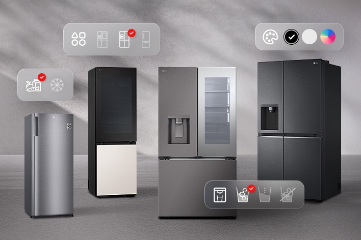 Se muesCuatro modelos de refrigerador LG con congelador se muestran juntos, con íconos de configuración, tipo, color y dispensador.