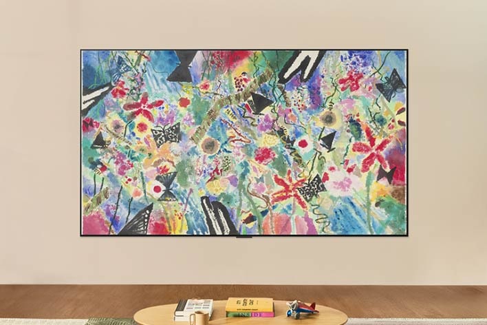 El LG Micro RGB evo AI MRGB95 está montado en la pared de una habitación luminosa y muestra una colorida obra de arte floral y frutal en el modo Galería, mientras que el control de brillo se ajusta para una visualización óptima en cualquier condición de luz.