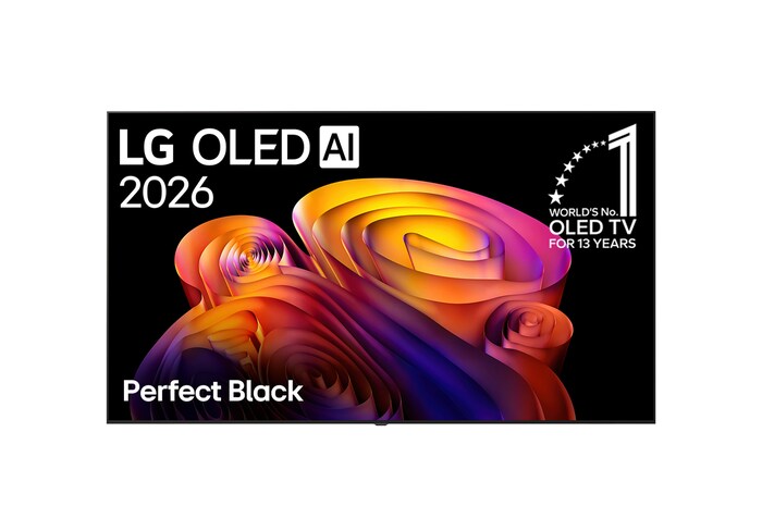La vista frontal de la LG OLED AI B6, lanzada en 2026, muestra una imagen de formas multicolores en capas, Negro perfecto y Color perfecto, junto con la insignia de la OLED TV número uno del mundo durante 13 años.