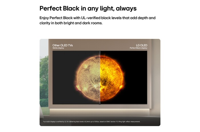 La LG OLED AI B6 muestra una escena de planetas y estrellas en modo de pantalla dividida, comparando una pantalla mate anti-glare con su pantalla Negro perfecto y Color perfecto para obtener una calidad de imagen más nítida con cualquier tipo de iluminación, respaldada por la certificación UL y las certificaciones Intertek para el volumen y la fidelidad del color.