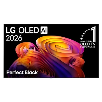 La vista frontal de la LG OLED AI B6, lanzada en 2026, muestra una imagen de formas multicolores en capas, Negro perfecto y Color perfecto, junto con la insignia de la OLED TV número uno del mundo durante 13 años.