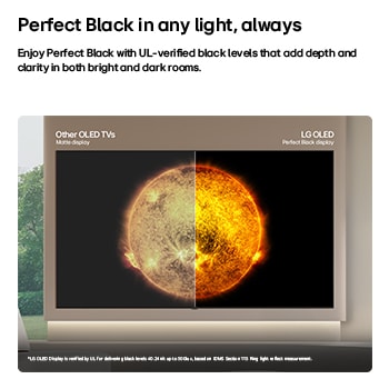 La LG OLED AI B6 muestra una escena de planetas y estrellas en modo de pantalla dividida, comparando una pantalla mate anti-glare con su pantalla Negro perfecto y Color perfecto para obtener una calidad de imagen más nítida con cualquier tipo de iluminación, respaldada por la certificación UL y las certificaciones Intertek para el volumen y la fidelidad del color.