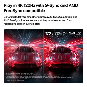 LG OLED AI B6 compara 144Hz con 60Hz en un juego de carreras de motos, mostrando que el panel de 144Hz es ultrafluido y sin fragmentación. Los logotipos de NVIDIA G-SYNC y AMD FreeSync Premium aparecen en la parte superior izquierda.