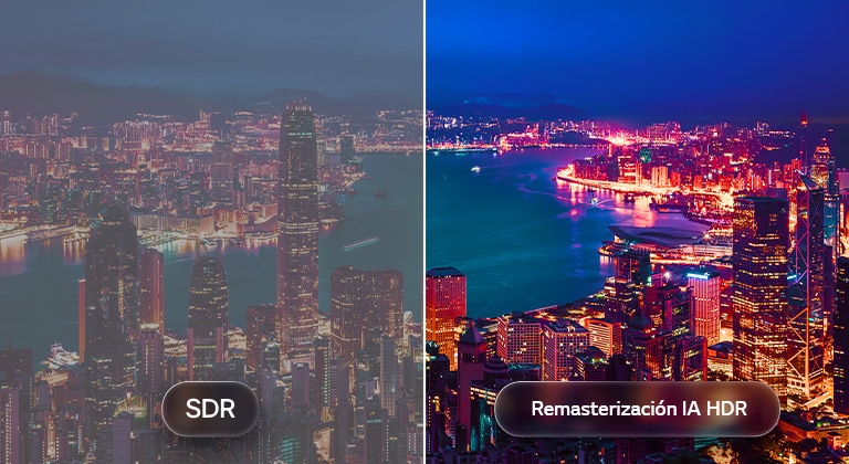LG AI TV con AI HDR Remastering se muestra en una comparación de paisajes urbanos dividida en dos, con SDR a la izquierda y AI HDR Remastering a la derecha, lo que permite apreciar luces urbanas más brillantes, un contraste más profundo y detalles más vivos en toda la escena.