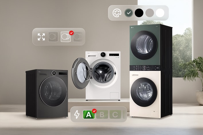 Řada LG pro praní s ikonami pro barvu, kapacitu a energii. Bílá pračka, černá sušička a zeleno‑béžová WashTower