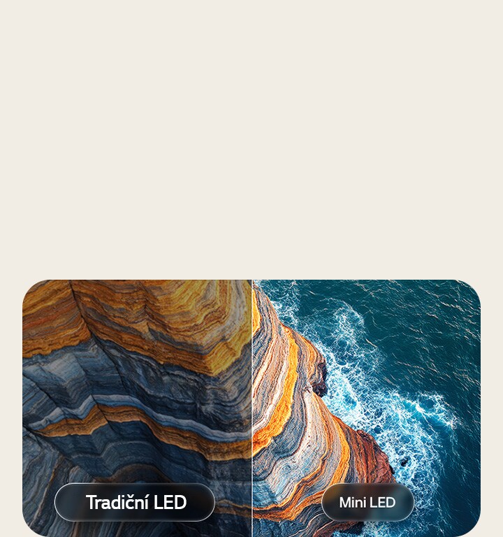 LG Gallery TV AI s rámem LX7 ART TV Mini LED vyzdvihuje, jak jeho technologie Mini LED odhaluje ostřejší textury skal a jasnější detaily oceánu než konvenční LED v rozdělené scéně pobřežního útesu, poskytuje hlubší černou barvu a jemnější kontrast pro větší čistotu a hloubku.