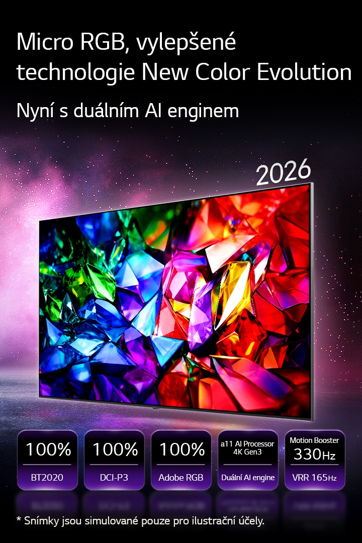 LG Micro RGB evo AI MRGB95 – tato nová generace barevných displejů nabízí živý, křišťálově čistý obraz s ostrými odstíny červené, zelené a modré barvy. Vyznačuje se 100% pokrytím barevných prostorů BT2020, DCI-P3 a Adobe RGB, procesorem alpha 11 AI Processor 4K Gen3 Dual Engine a technologií Motion Booster 330 Hz s VRR 165 Hz. 