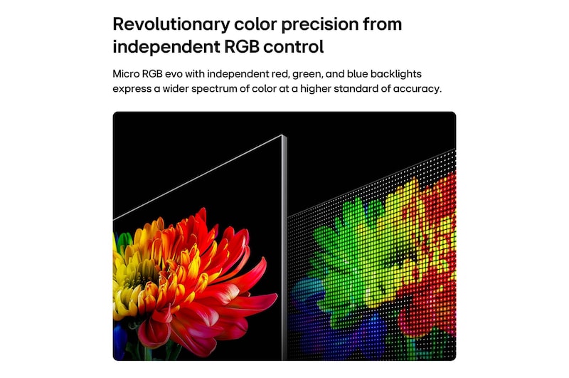 LG Micro RGB evo AI MRGB95 s technologií RGB Primary Color Ultra zobrazuje na obrazovce obrázek květiny s přesně řízeným červeným, zeleným a modrým světlem z různých mikro RGB modulů, které zajišťují vyvážené barvy a jemný kontrast. 