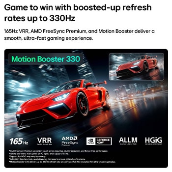 LG Micro RGB evo AI MRGB95 s funkcí Ultimate Gameplay zobrazuje živou scénu z vysokorychlostního závodu s rozmazaným srovnávacím vloženým obrázkem, který zdůrazňuje funkci Motion Booster 330, a zároveň podporuje 165 Hz, VRR, AMD FreeSync, ALLM, HGiG a GeForce NOW. 
